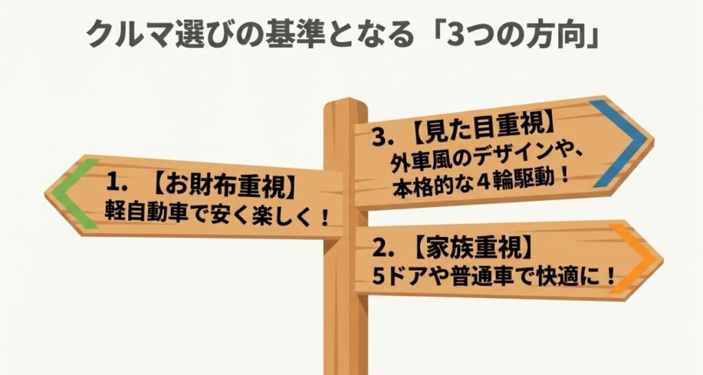クルマ選びの基準となる3つの方向性（お財布重視、家族重視、見た目重視）