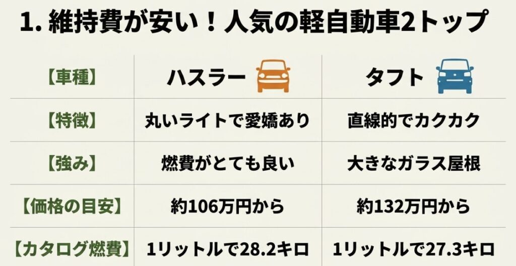 ジムニー：維持費が安い人気の軽自動車ハスラーとタフトの価格、燃費、デザインの特徴比較表