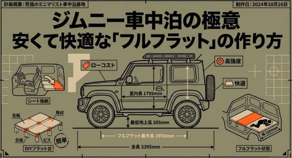 ジムニー(アイリスオーヤマ)ジムニー車中泊のフルフラット化に必要な寸法とDIYフラット台の構成図