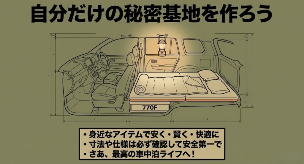 ジムニー(アイリスオーヤマ):ランタンや寝具を配置したジムニー車内の秘密基地のようなフルフラット空間