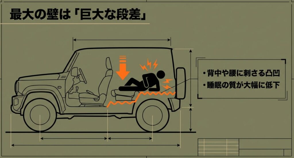 ジムニー(アイリスオーヤマ)ジムニーのシートを倒した際に生じる巨大な段差と睡眠の質低下を示すイラスト
