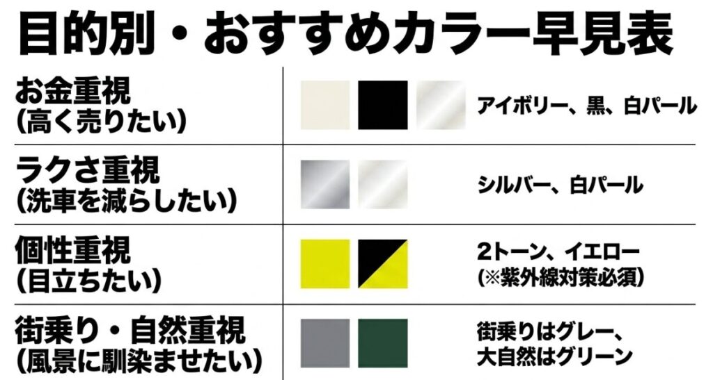 お金重視、ラクさ重視、個性重視、街乗りや自然重視といった目的別におすすめのジムニーのカラーをまとめた早見表