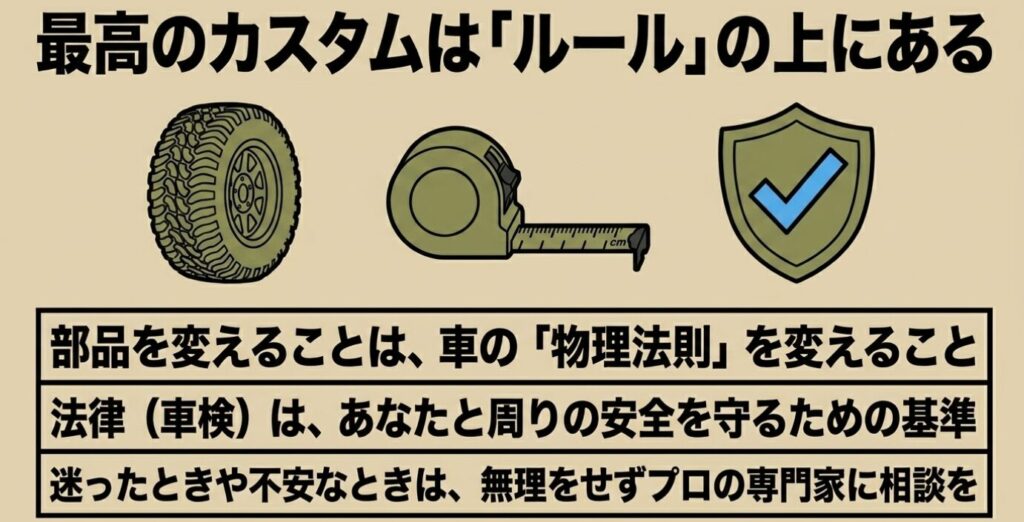ジムニー:最高のカスタムはルールの上にある。部品を変えることは物理法則を変えること。不安なときはプロに相談を