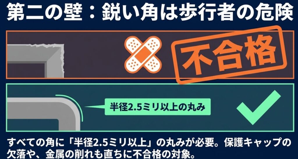 ジムニー(サイドステップ)：すべての角に半径2.5ミリ以上の丸みが必要であり、保護キャップの欠落や金属の削れも直ちに車検不合格になることを示す図解