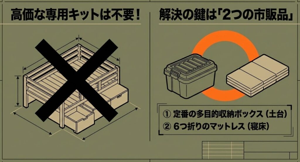 ジムニー(アイリスオーヤマ)ジムニー車中泊の段差解消に役立つ多目的収納ボックスと6つ折りマットレス