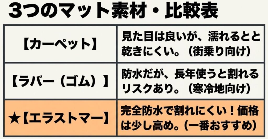 ジムニー：カーペット、ラバー（ゴム）、エラストマーの3つのフロアマット素材のメリットとデメリットの比較表