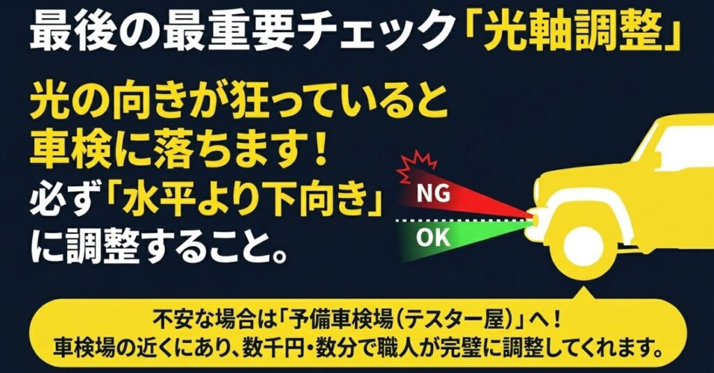 ジムニー：フォグランプの光軸調整の重要性（必ず水平より下向き）と予備車検場（テスター屋）の活用方法
