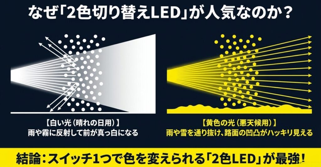 ジムニー：2色切り替えLEDフォグランプが人気の理由（晴れ用の白い光と悪天候用の黄色の光の違い）