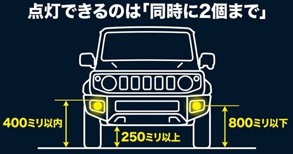 ジムニー：フォグランプの取り付け位置と個数の規定（地上高や横方向の寸法・同時点灯は2個まで）