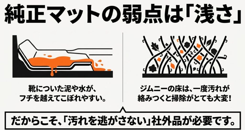 ジムニーの純正マットの弱点である「浅さ」により、靴についた泥や水がフチを越えてこぼれやすいことを説明する図