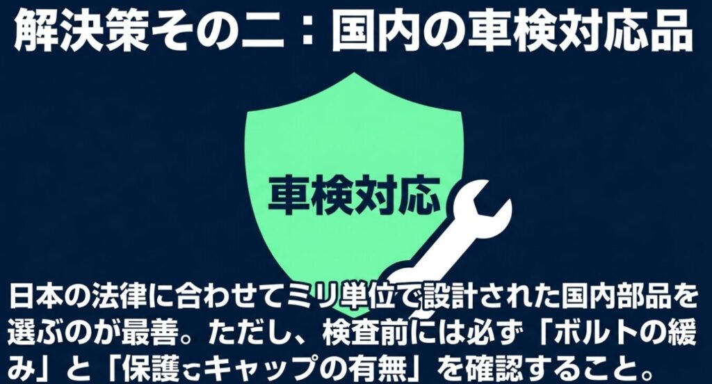 ジムニー(サイドステップ)：日本の法律に合わせて設計された国内の車検対応部品を選ぶのが最善であり、検査前にはボルトの緩みと保護キャップの有無を確認することを示す図解