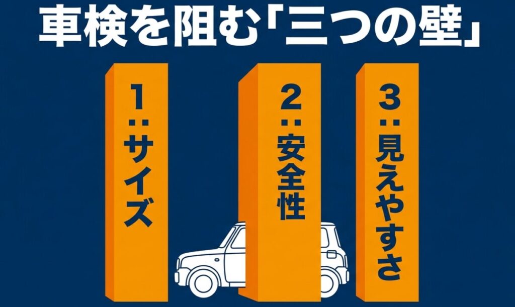 ジムニー(サイドステップ)の車検を阻む3つの壁であるサイズ・安全性・見えやすさを示す図解