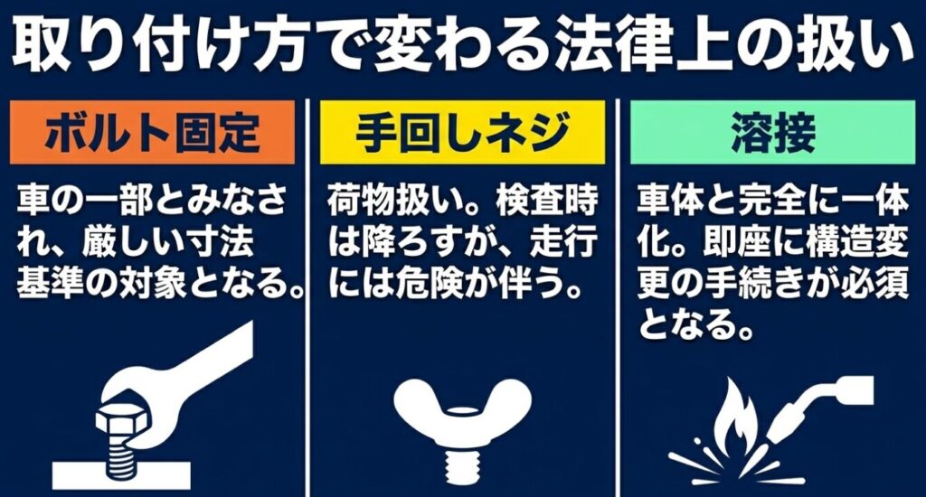 ジムニー：ボルト固定、手回しネジ、溶接といったサイドステップの取り付け方の違いによる車検の法律上の扱いの違いを示す図解