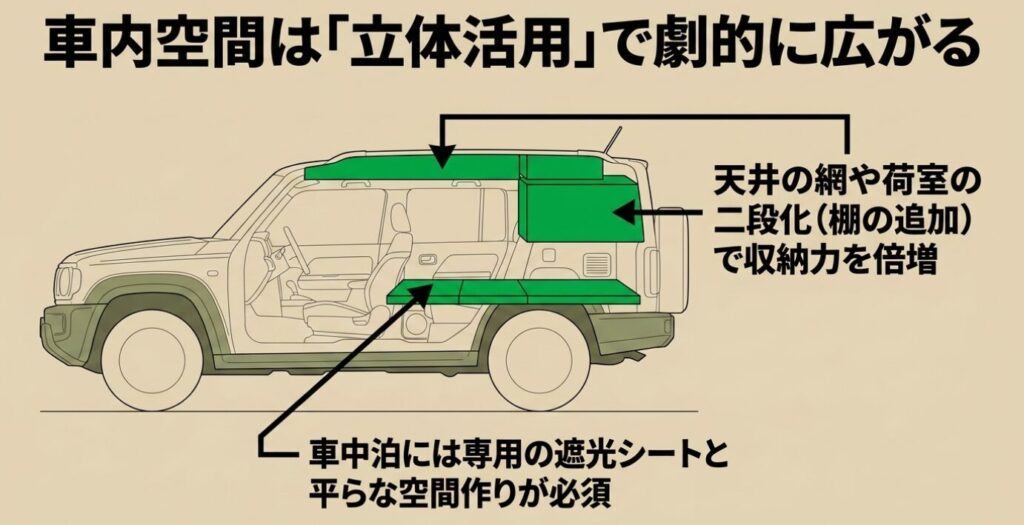 ジムニー:天井の網や荷室の二段化で収納力を倍増させる車内空間の立体活用。車中泊には遮光シートが必須。