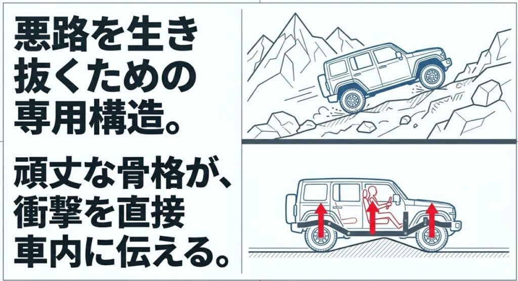 ジムニーの乗り心地：悪路を走破するジムニーのイラストと、衝撃がラダーフレームから車内に直接伝わる構造の図解