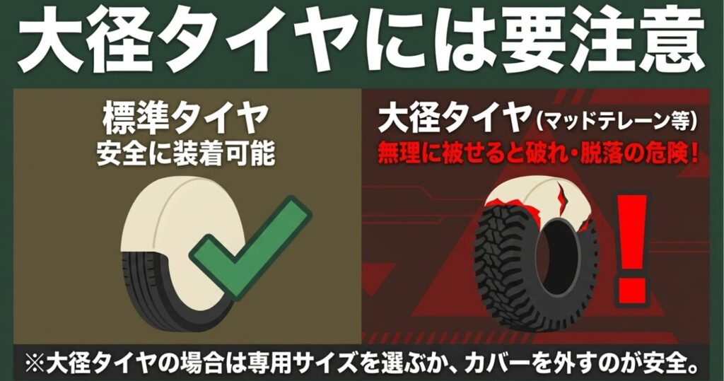ジムニー：大径タイヤにカバーを無理に被せると破れや脱落の危険があるため、専用サイズを選ぶかカバーを外すのが安全であることを示す警告図