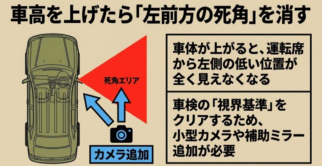 ジムニー:車体を上げると発生する左前方の死角エリア。視界基準をクリアするためのカメラや補助ミラーの追加