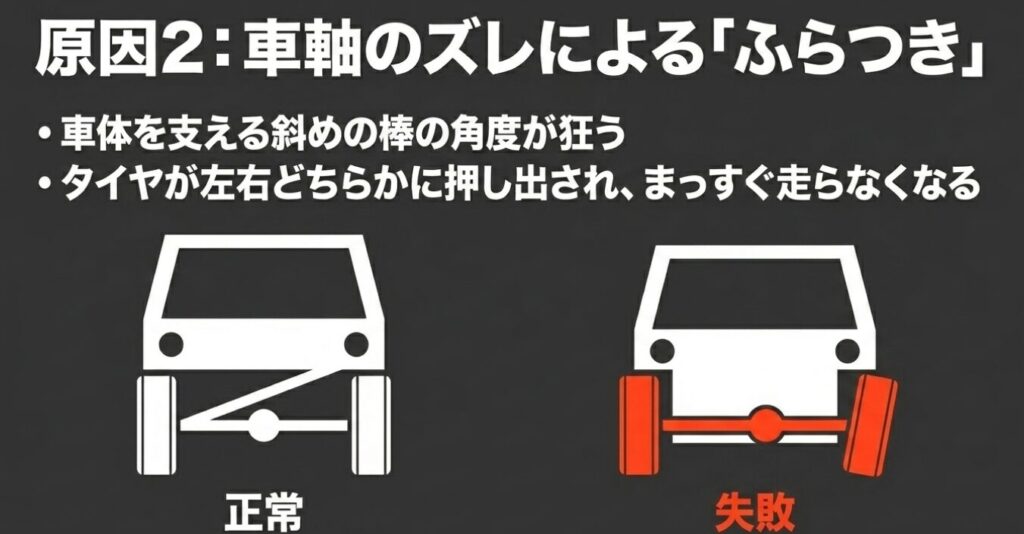 ジムニー：乗り心地悪化の原因2：斜めの棒の角度が狂うことによる車軸のズレと左右へのふらつき