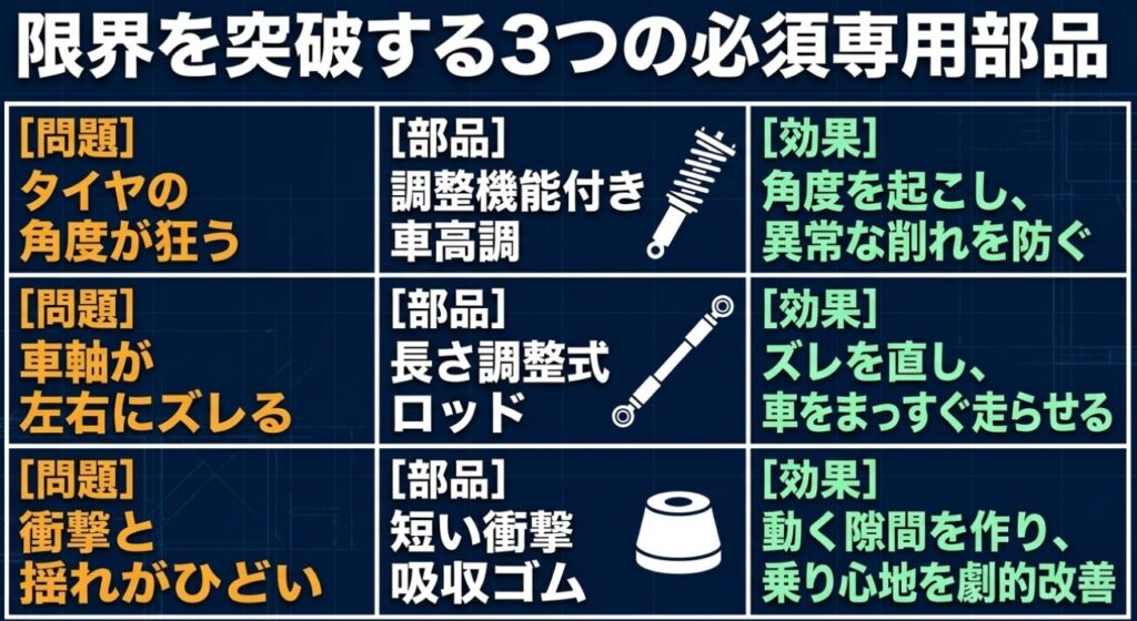 ジムニーのローダウン限界を突破するための3つの必須専用部品(車高調、調整式ロッド、ショートバンプストッパー)の効果をまとめたスライド