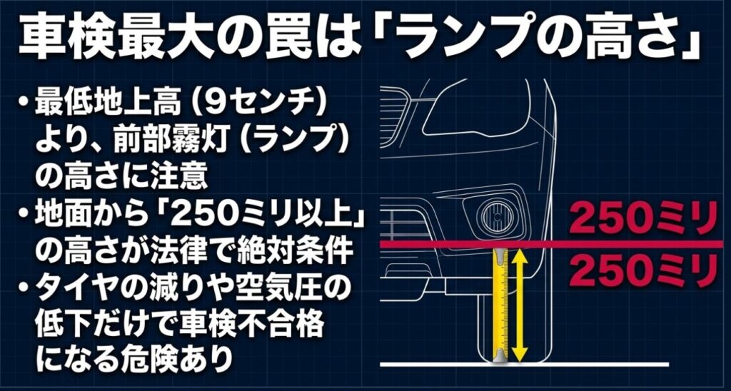 ジムニーローダウン時の車検最大の罠である、フォグランプの高さ250ミリ以上という保安基準ルールについての解説スライド