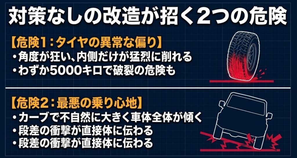 対策なしでジムニーをローダウンすると、タイヤの異常な片減りと最悪の乗り心地という2つの危険を招くことを説明したスライド