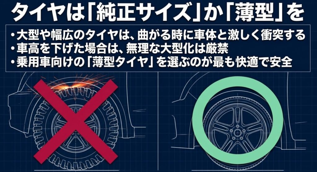 ローダウンしたジムニーのタイヤは、フェンダーとの干渉を防ぐために純正サイズか薄型を選ぶべきであることを解説したスライド