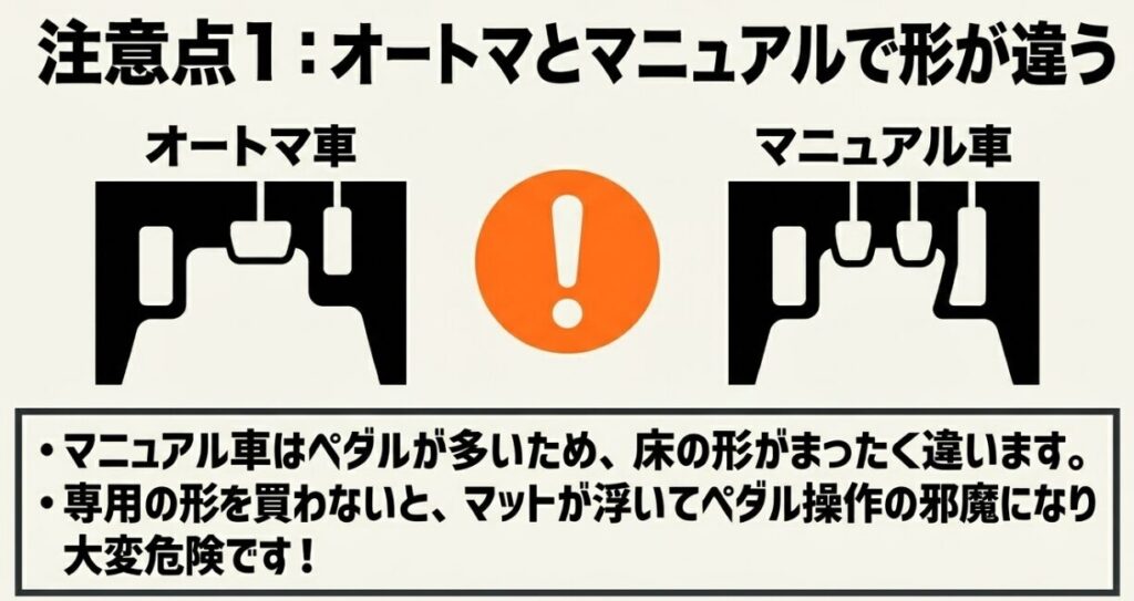 ジムニーのフロアマット：オートマ車とマニュアル車ではペダルの数が違うため床の形が異なり、専用の形を選ばないと危険であることを促す注意書き