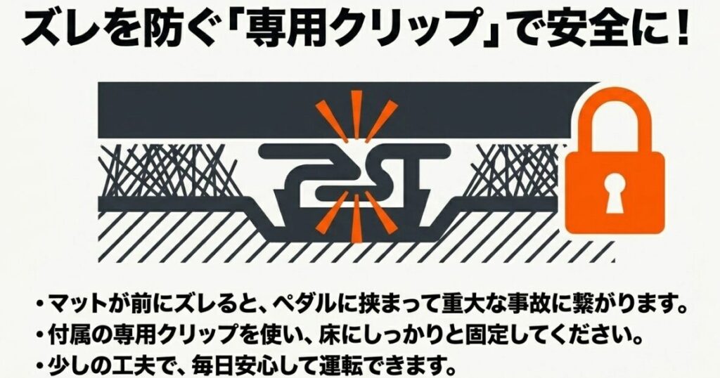 ジムニー：フロアマットが前にズレてペダルに挟まる事故を防ぐため、付属の専用クリップを使って床にしっかりと固定することの重要性を解説する図