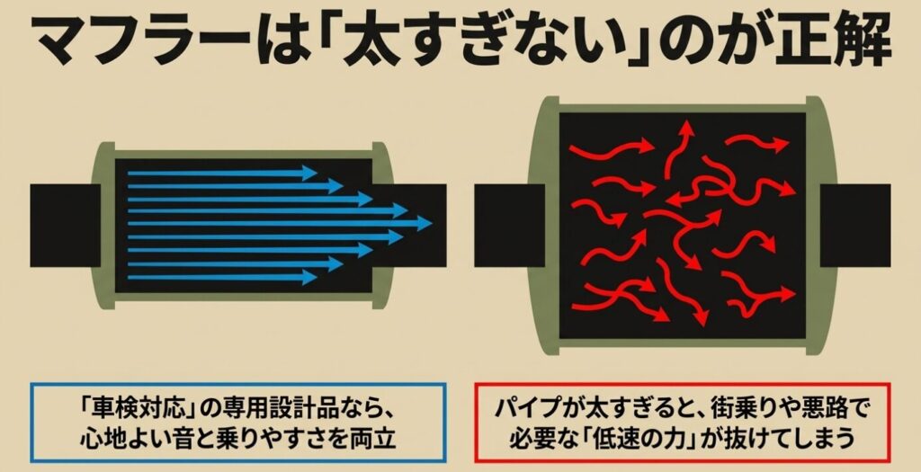 ジムニー:マフラーは太すぎないのが正解。パイプが太すぎると低速の力が抜けてしまう。