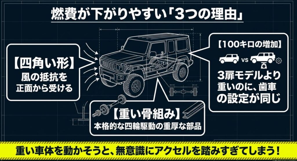 ジムニーノマド：燃費が下がりやすい理由として、四角い形、重い骨組み、100キロの増加に加え、無意識にアクセルを踏みすぎてしまうことを解説した図解