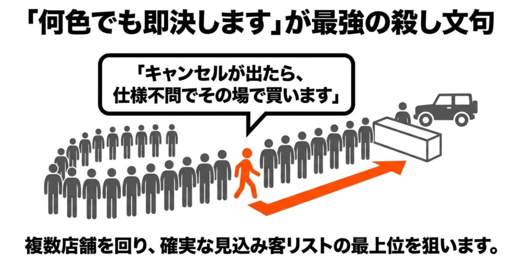 ジムニーノマド：複数店舗を巡り「キャンセルが出たら仕様不問でその場で買う」と宣言することで、確実な顧客リストの最上位に入り、行列を飛び越えて優先案内される仕組みを示すイメージ図。