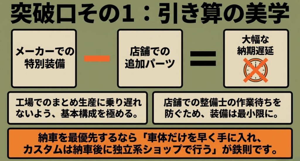 ジムニーノマド：メーカーでの特別装備による工場まとめ生産の遅れや、店舗での追加パーツによる整備士の作業待ちを防ぐため、装備は最小限に抑えて車体だけを早く手に入れる「引き算の美学」を解説する図。
