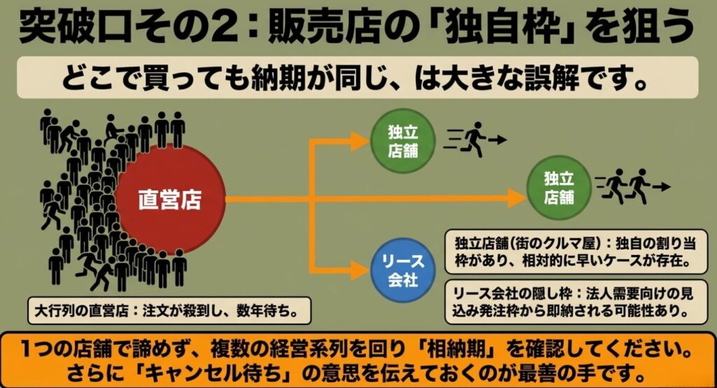 ジムニーノマド：大行列で数年待ちの直営店だけでなく、独自の割り当て枠を持つ独立店舗（街のクルマ屋）や、法人需要向けの見込み発注枠から即納の可能性があるリース会社など、複数の系列を回る「相納期」とキャンセル待ちの有効性を説明する図。