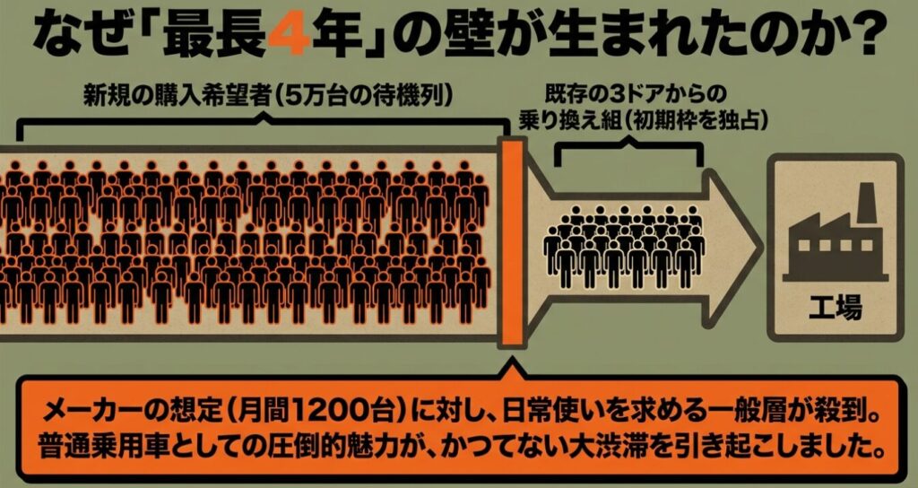 ジムニーノマド：メーカーの想定月間1,200台に対し、日常使いを求める一般層（5万台の待機列）が殺到し、さらに既存の3ドアからの乗り換え組が初期枠を独占したことで最長4年待ちの壁が生まれた理由を説明する図。