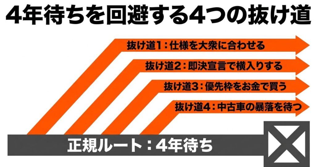 ジムニーノマド：正規ルートでの4年待ちを回避するための4つのアプローチ（仕様を大衆に合わせる、即決宣言で横入り、優先枠の活用、中古車の暴落を待つ）の全体像を示すスライド。