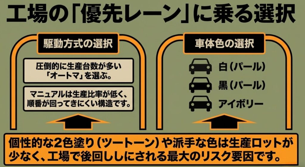 ジムニーノマド：駆動方式は生産台数が多いオートマ（AT）を選び、車体色は白（パール）、黒（パール）、アイボリーの定番色を選ぶことで、工場の生産ロット後回しリスクを防ぐ戦略を示す図。