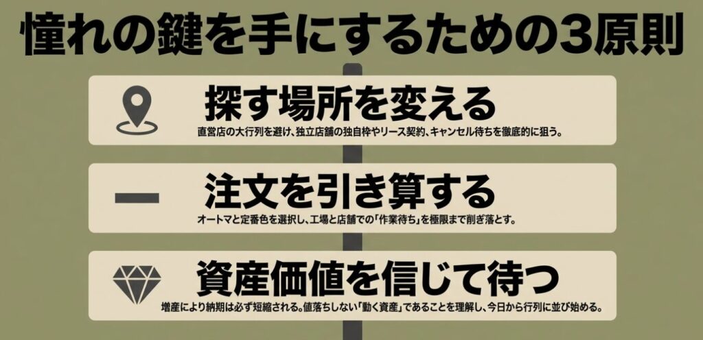 探す場所を変える（独立店舗・リース・キャンセル待ち）、注文を引き算する（AT・定番色）、資産価値を信じて待つ（増産による納期短縮）という、ジムニーノマドの納期を縮めるための3原則をまとめた最終スライド。