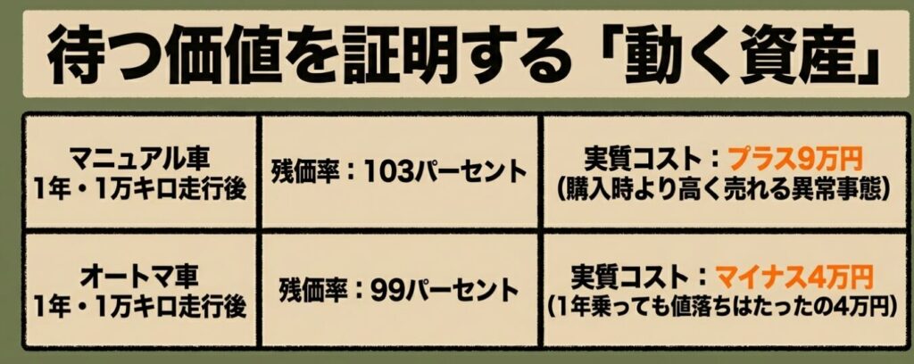 ジムニーノマド：1年・1万キロ走行後のマニュアル車（残価率103%、実質コストプラス9万円）とオートマ車（残価率99%、実質コストマイナス4万円）のリセールバリューを比較し、値落ちしない動く資産としての本格四輪駆動の価値を証明する図。