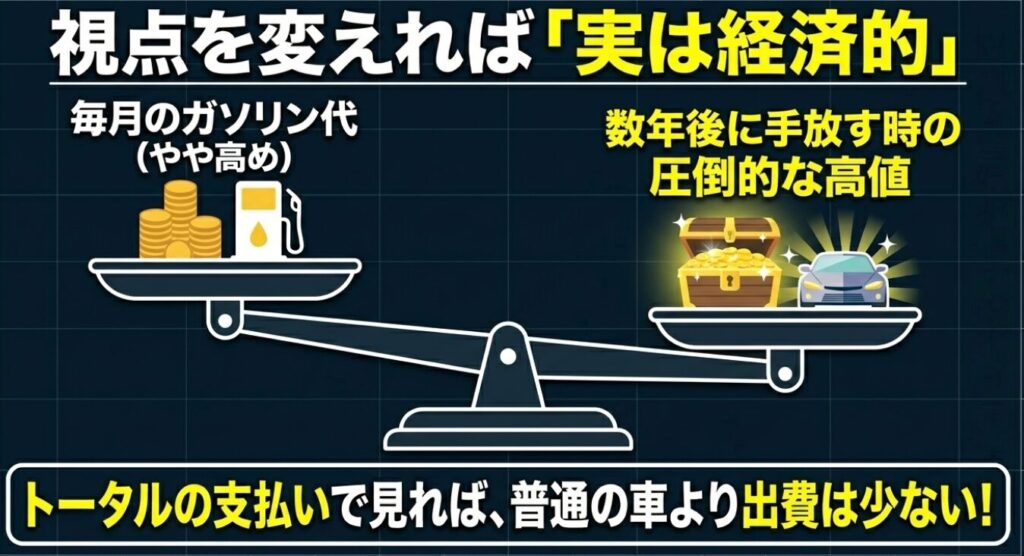 ジムニーノマド：毎月のガソリン代と数年後に手放す時の高値を天秤にかけ、トータルで見れば出費は少ないことを示す図解