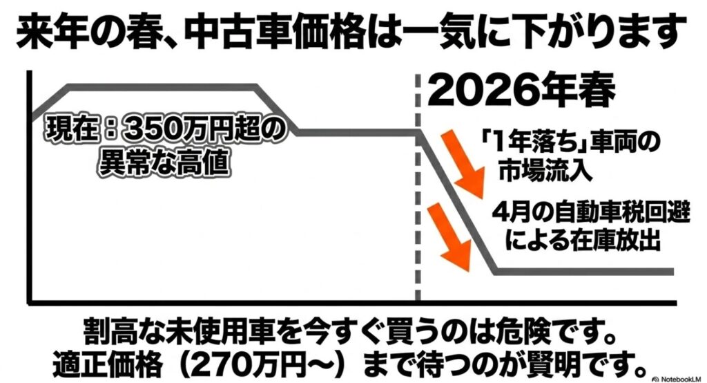 ジムニーノマド：現在350万円超の異常高値から、2026年春の「1年落ち」車両の流入と4月の自動車税回避による在庫放出が重なり、270万円からの適正価格へ下落する予測を示すスライド。