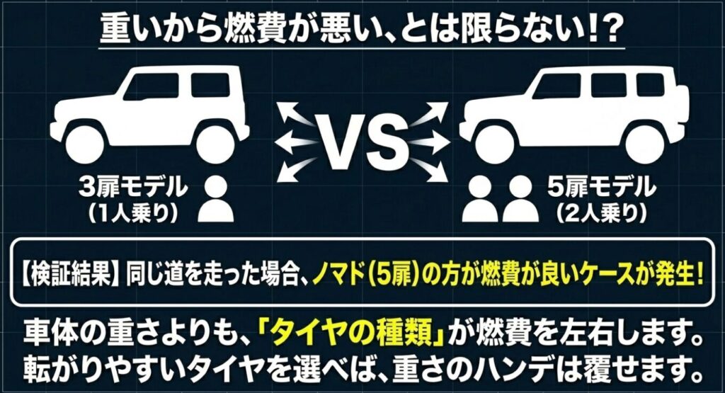 ジムニーノマド：重いから燃費が悪いとは限らないという見出しで、3扉モデルと5扉モデルの比較においてタイヤの種類が燃費を左右するという解説