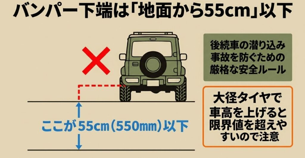 ジムニー:バンパー下端は地面から55cm以下。後続車の潜り込み事故を防ぐための厳格な安全ルール。