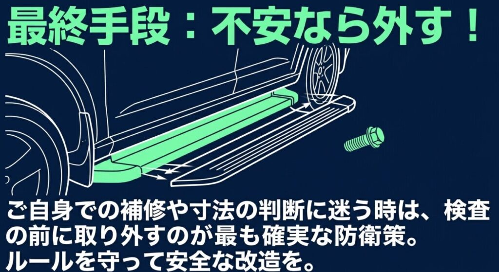 ジムニー(サイドステップ)：補修や寸法の判断に迷う時は、検査の前にサイドステップを取り外すのが最も確実な防衛策であることを示す図解