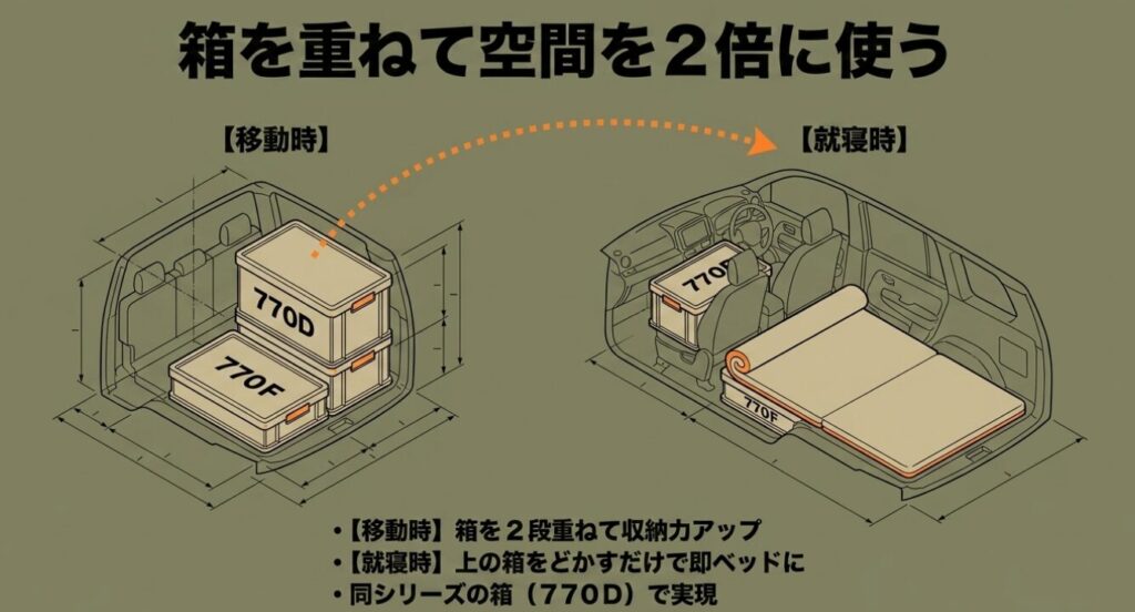 ジムニー(アイリスオーヤマ)RVBOX 770Dと770Fを重ねて使う移動時と就寝時のフォーメーション図