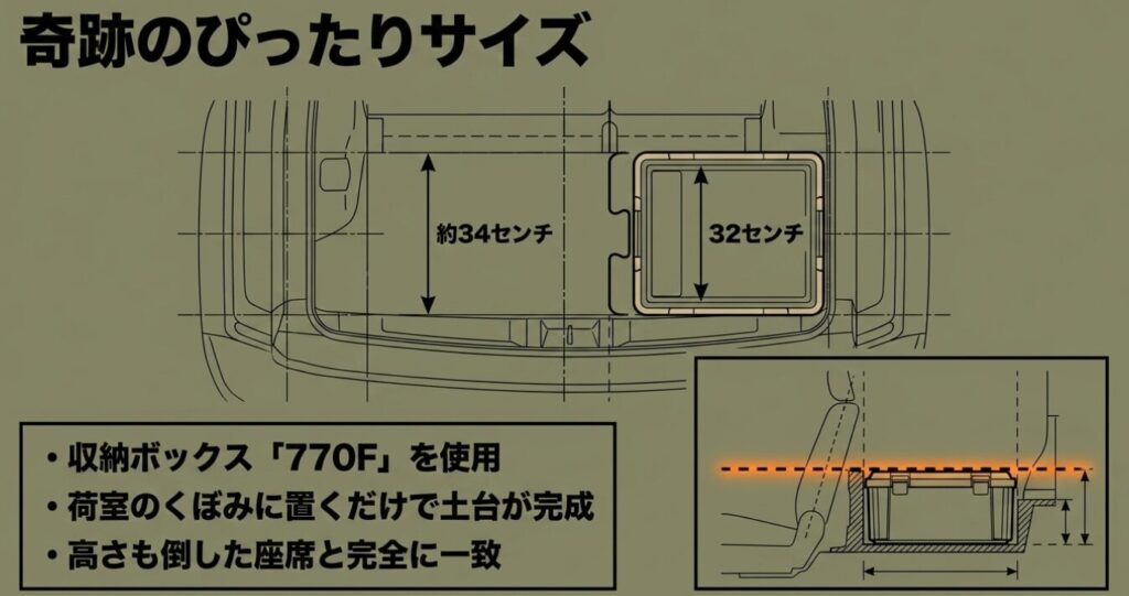 ジムニー(アイリスオーヤマ)ジムニーの荷室奥行きとRVBOX 770Fのサイズがぴったり合う図解
