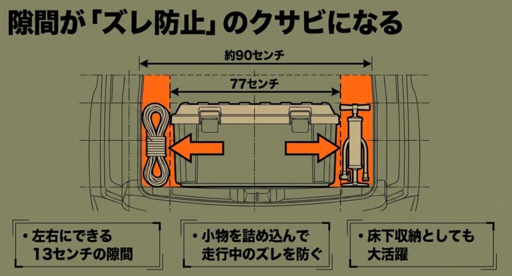 ジムニー(アイリスオーヤマ)RVBOX 770F設置時の左右の隙間をズレ防止のクサビとして活用する図