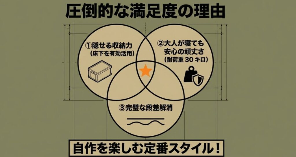 ジムニー(アイリスオーヤマ)収納力・頑丈さ・段差解消という3つのメリットを示すベン図