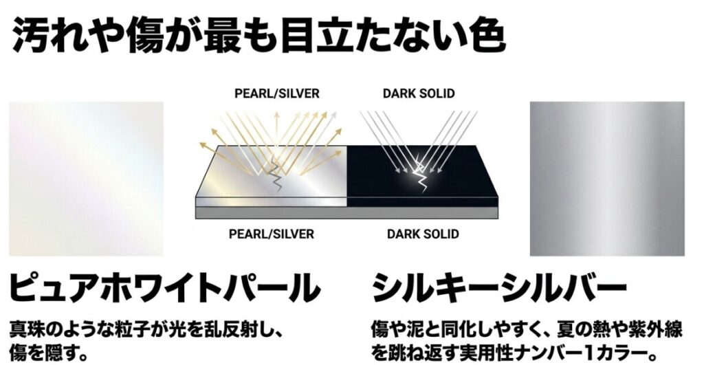ジムニー：汚れや傷が最も目立ちにくいピュアホワイトパールとシルキーシルバーの光の反射の仕組みと特徴を解説した図解