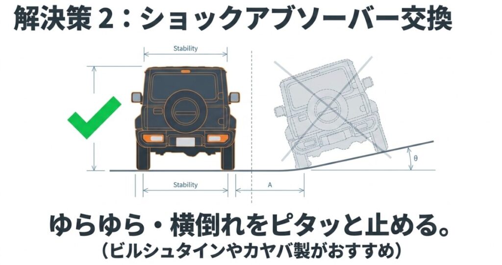 ジムニーの乗り心地：ショックアブソーバーの交換によって、ゆらゆらとした横倒れをピタッと止める仕組みの図解