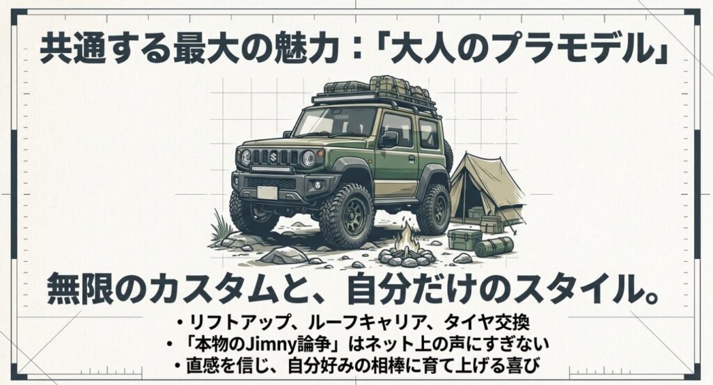 リフトアップやルーフキャリアなど、大人のプラモデルとして自分だけのスタイルに無限にカスタムできるジムニーとシエラ共通の魅力